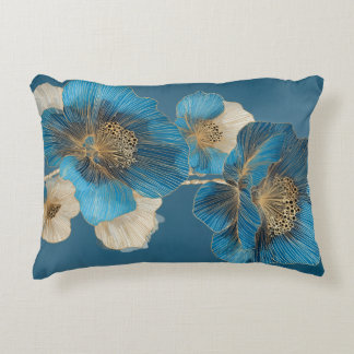 Blaugoldene botanische Mohn-Linienkunst-Blume Dekokissen
