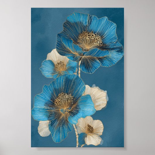 Blaugoldene botanische Mohn-Linienkunst-Blume Poster (Vorne)