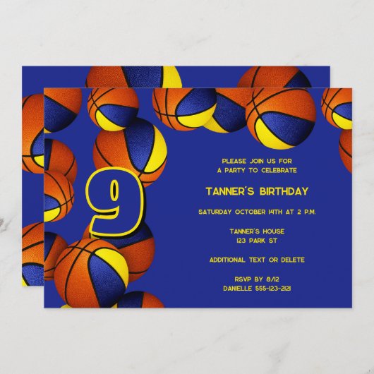 Blaugoldene Mannschaft farbenfrohe Basketball Part Einladung (Vorne/Hinten)