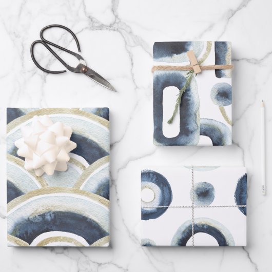 Blaugoldmarmorfarbenes Wasserfarbmuster Geschenkpapier Set (Vorderseite)