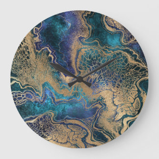 Blaugoldmarmorierung: abstrakter Hintergrund. Große Wanduhr