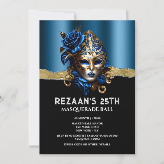 Blaugoldmaskerade Rose Venezianische Maske Glitzgl Einladung (Vorderseite)