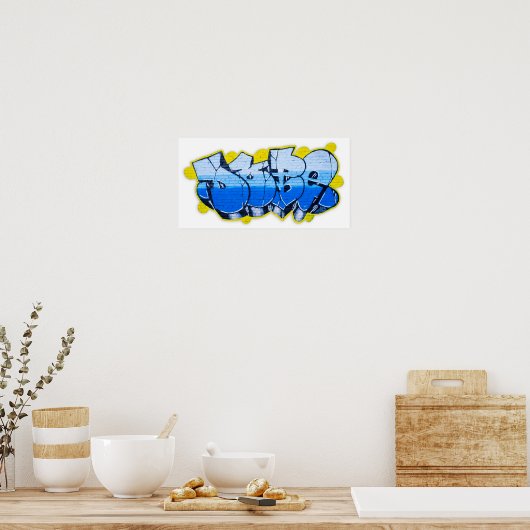 Blaugraffiti an einer Ziegelwand Poster (Küche)