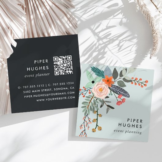 Blaugrau | Boho Floral QR Code Quadratische Visitenkarte