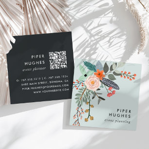 Blaugrau Boho Floral QR Code Quadratische Visitenkarte