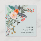 Blaugrau | Boho Floral QR Code Quadratische Visitenkarte (Vorderseite)