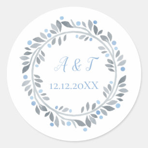 Blaugrau Weiße Monogramm Florale Hochzeit  Runder Aufkleber