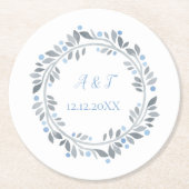 Blaugrau Weiße Monogramm Florale Hochzeit Runder Pappuntersetzer (Vorderseite)