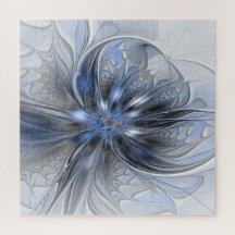 Blaugraue Aquarell-Abstrakte Blumen-Fraktal-Kunst