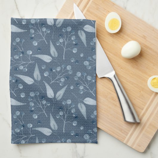 Blaugraue Blattmuster und Beerenmuster Geschirrtuch (Viertel Falte)