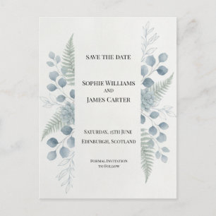 Blaugraue botanische Save-The-Date-Postkarte Postkarte