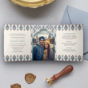 Blaugraue Ikat All-in-One Anand Karaj Sikh Hochzei Dreifach Gefaltete Einladung