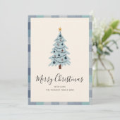 Blaugraue Karierte Minimale Weihnachtsbaum Feiertagskarte (Stehend Vorderseite)