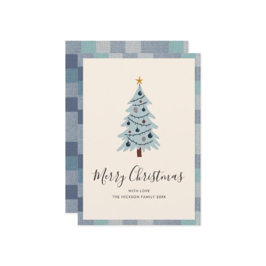 Blaugraue Karierte Minimale Weihnachtsbaum Feiertagskarte (Vorderseite/Rückseite Beispiel)