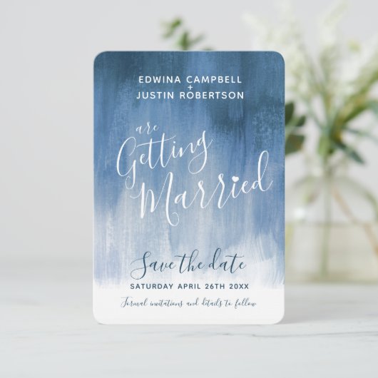 Blaugraue moderne Kunst speichert die Datumskarten Save The Date (Stehend Vorderseite)