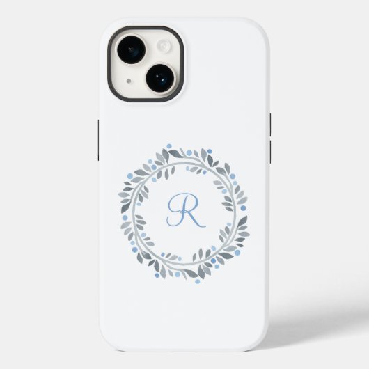 Blaugraue Monogramm-Blumenkrone  Case-Mate iPhone Hülle (Rückseite)