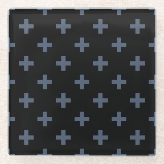 Blaugraue Polka-Kreuze auf schwarz Glasuntersetzer (Vorderseite)