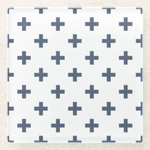 Blaugraue Polka-Kreuze auf weiß Glasuntersetzer