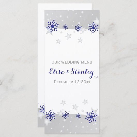 Blaugraue Schneeflocken Modernes Hochzeitsmenü Menükarte (Vorne/Hinten)
