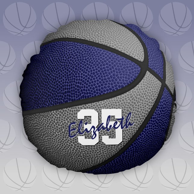 Blaugraue Schulfarben Jungs Basketballzimmer Rundes Kissen (Blue and gray team colors round basketball pillow)