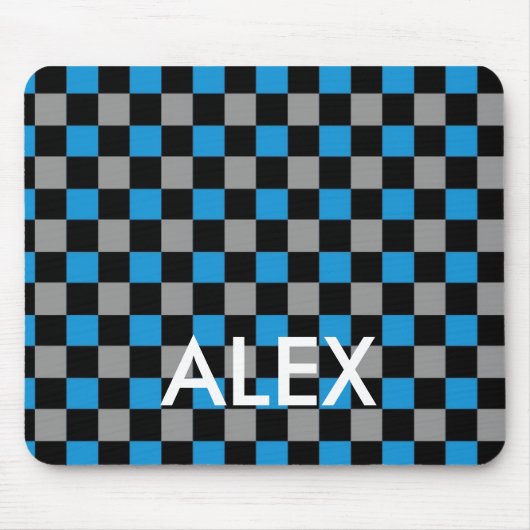 Blaugraue, schwarz karierte Schachbrett Skater-Mau Mousepad (Vorne)