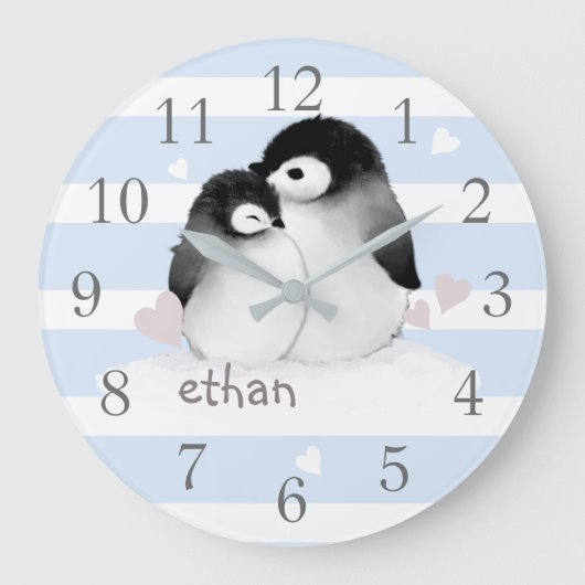 Blaugraue Streifen Pinguin Kinderzimmer Wall Clock Große Wanduhr (Vorderseite)