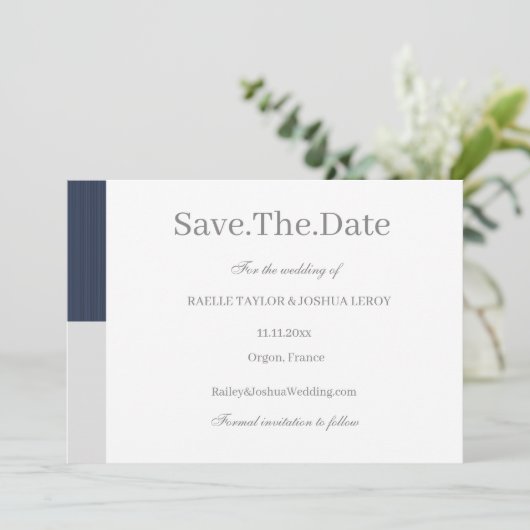 Blaugraue Streifen Save the Date Einladung (Stehend Vorderseite)