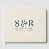Blaugraue Wedding Monogram Beige Linen Gästebuch (Vorderseite)