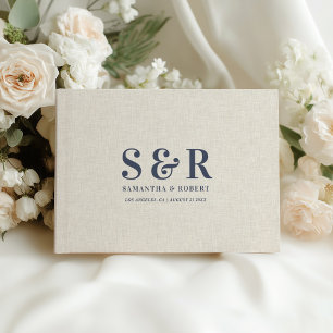 Blaugraue Wedding Monogram Beige Linen Gästebuch
