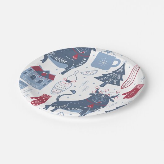 Blaugraue Weihnachtselemente Muster Pappteller (Schrägansicht)