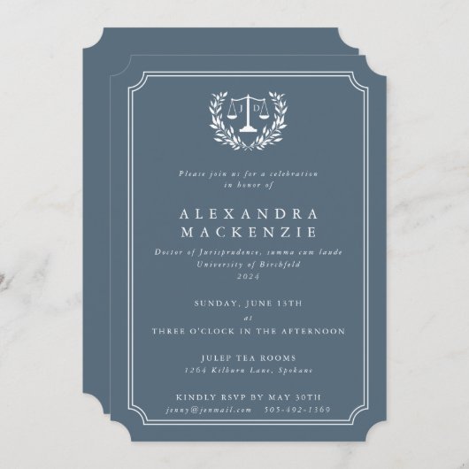 Blaugraue/weiße JD-Rechtskaskaden + Laurel Wreath Einladung (Vorne/Hinten)