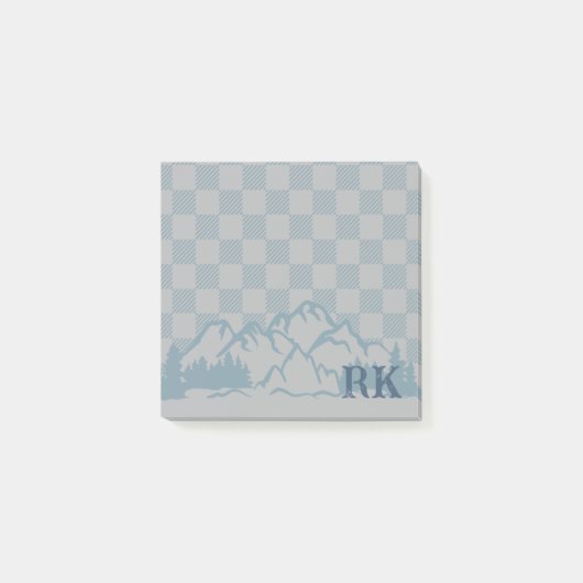 Blaugraues Karomuster Rustikale Berge Monogramm Post-it Klebezettel (Vorderseite)
