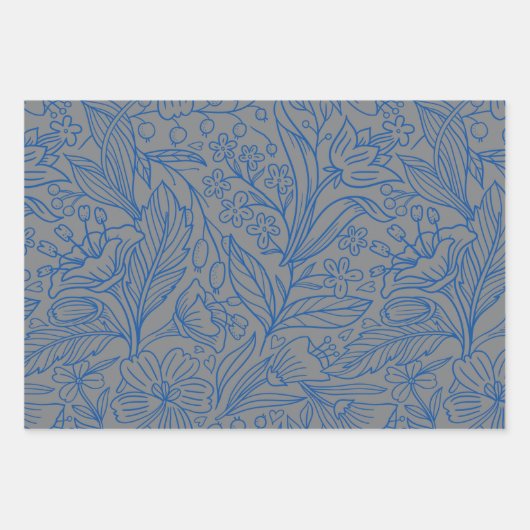 Blaugraues Silber Modernes Blumenpapier Geschenkpapier Set (Vorderseite 2)