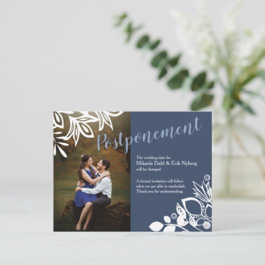 Blaugraues, weißes Hochzeitsankündigungs-Foto Postkarte (Stehend Vorderseite)