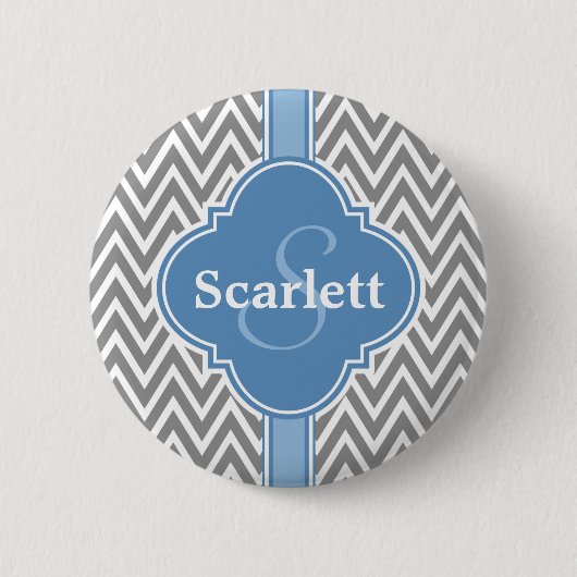Blaugraues Zickzack Muster und Monogramm Button (Vorderseite)