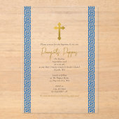Blaugriechischer Schlüsselorthodox Christening Boy Acryleinladungen (Vorderseite)