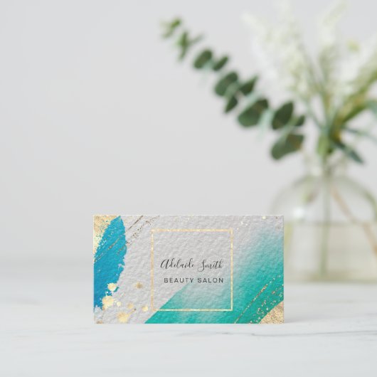 Blaugrün Aquarellfarben Imitat Goldfolie Details Visitenkarte (Stehend Vorderseite)