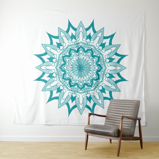 Blaugrün auf weißer Mandala Wandteppich (Beispiel (Horizontal))