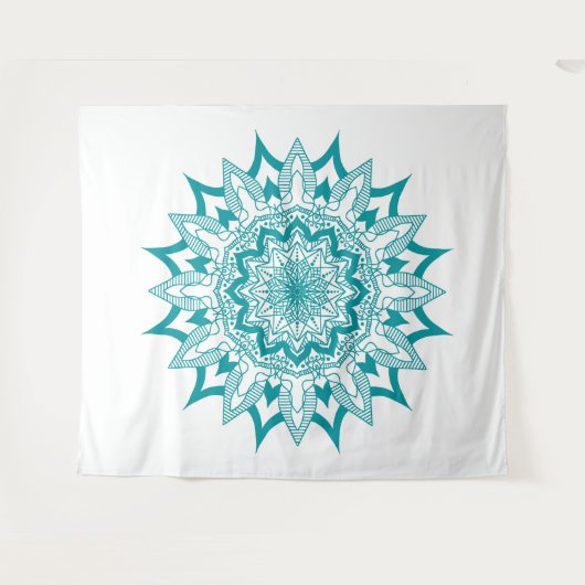 Blaugrün auf weißer Mandala Wandteppich (Vorderseite (Horizontal))