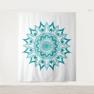 Blaugrün auf weißer Mandala Wandteppich