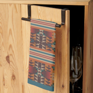 Blaugrün Dunkelrot Beige Braun Orange Stammeskunst Geschirrtuch
