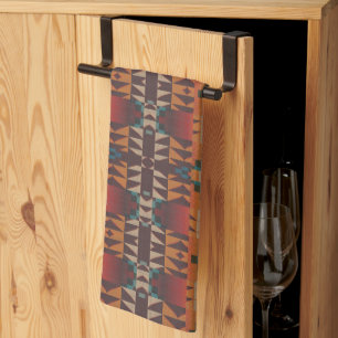 Blaugrün Dunkelrot Beige Braun Orange Stammeskunst Geschirrtuch