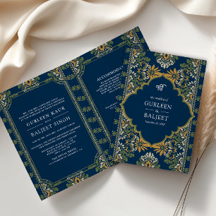 Blaugrün-gelber Ikat-All-in-One-Sikh-Hochzeit Einladung