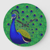 Blaugrün-gelbes Pfauenpapier Große Wanduhr (Vorderseite)