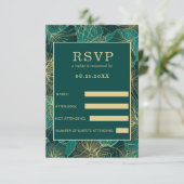 Blaugrün-goldene Blätter RSVP Karte (Stehend Vorderseite)