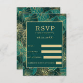Blaugrün-goldene Blätter RSVP Karte (Vorne/Hinten)