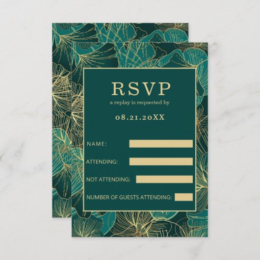 Blaugrün-goldene Blätter RSVP Karte (Vorne/Hinten)