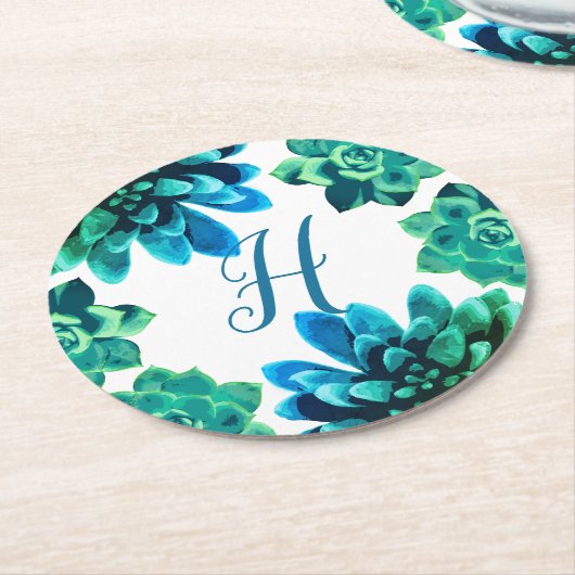 Blaugrün | Monogramm Runder Pappuntersetzer (Angewinkelt)