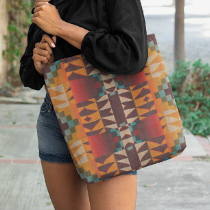 Blaugrün-Rot-Braun-Orange-Tribal-Art-Muster Tasche