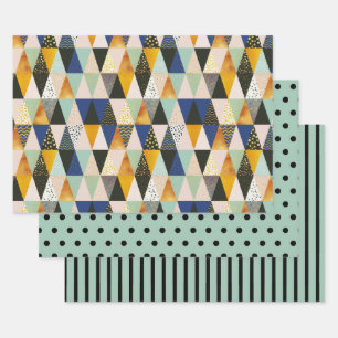 Blaugrün Schwarzes Gold Geometrisches Punkte Strei Geschenkpapier Set